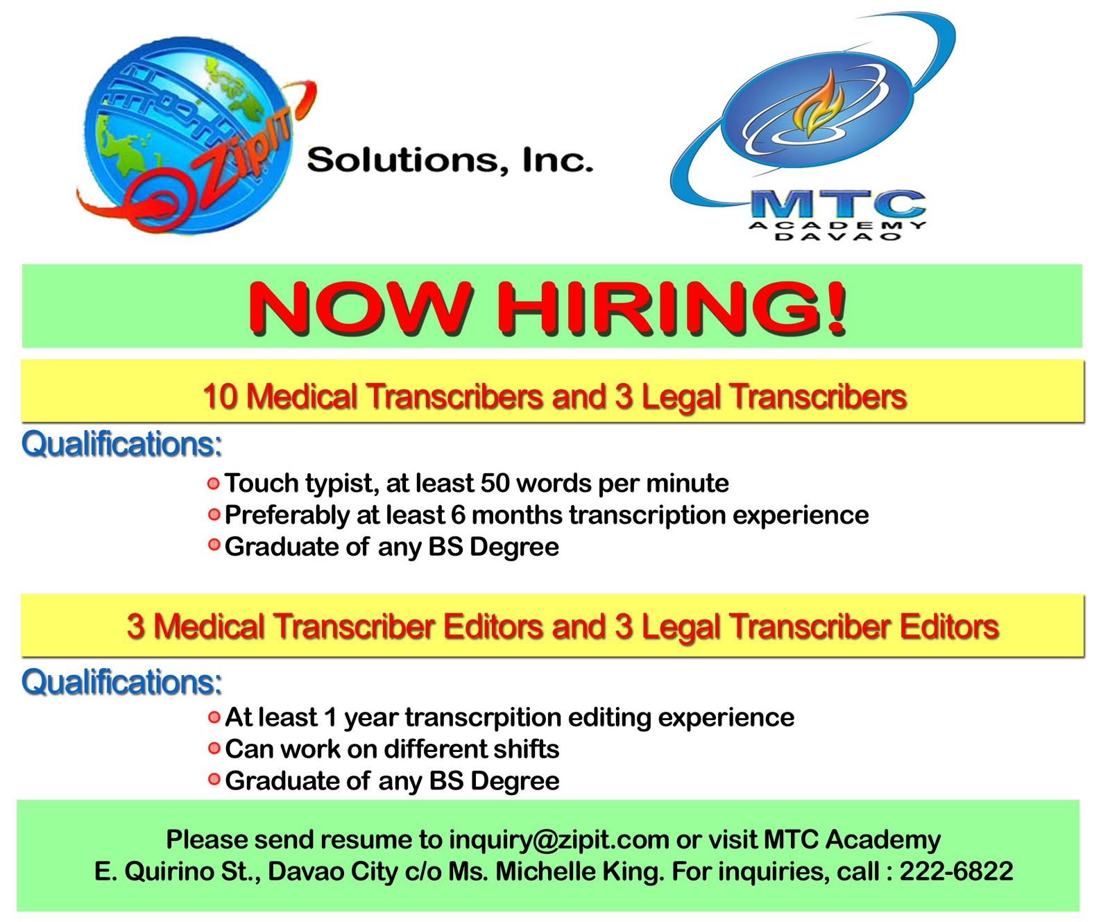 MTC Academy (Davao): JOB HIRING