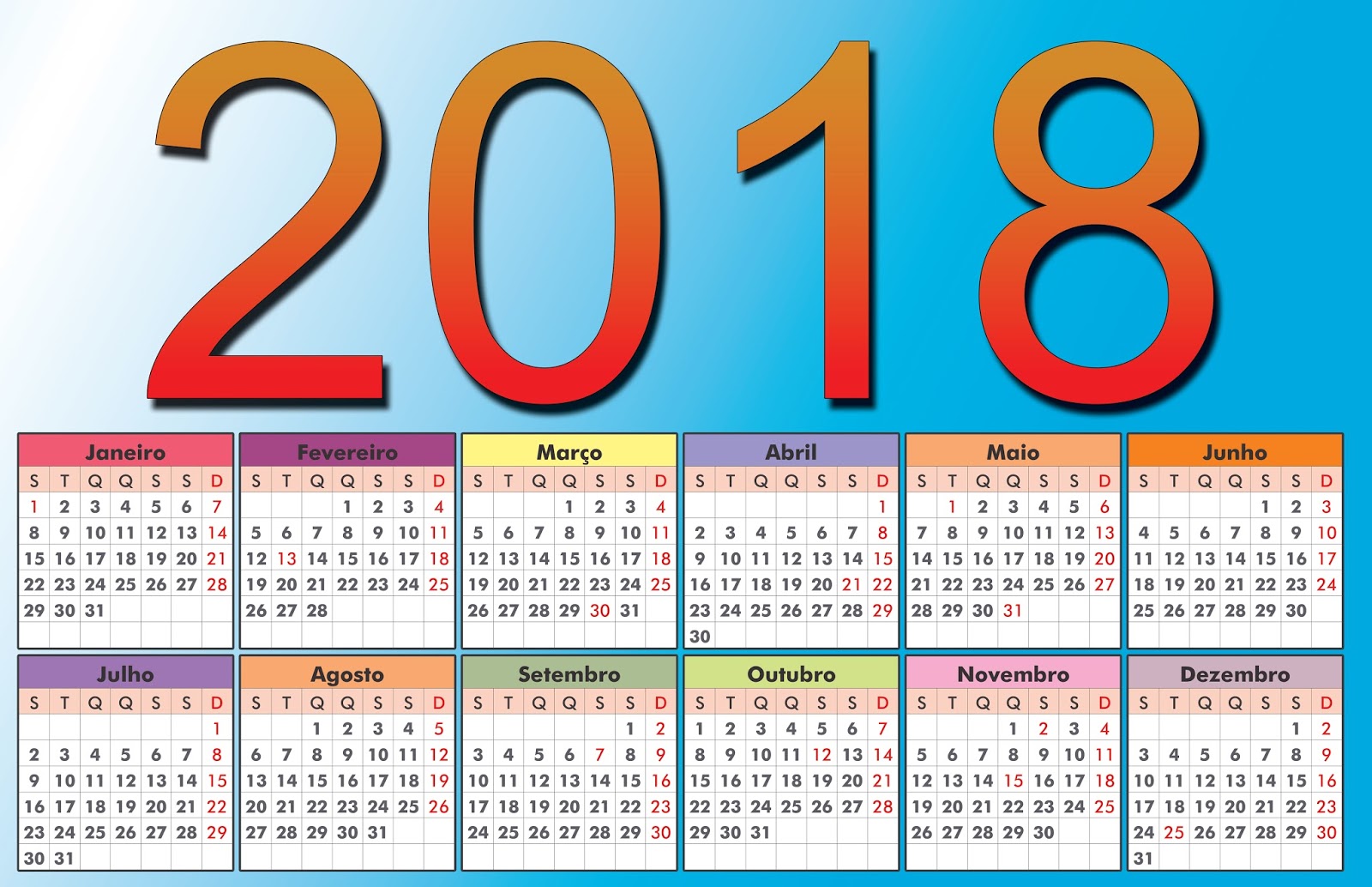 Calendário 2018 nos formatos CDR,PSD,Ai,PDF e JPEG para suas montagens.