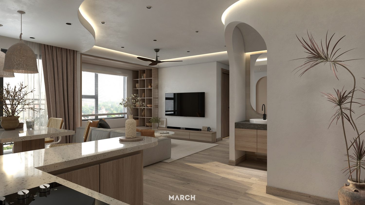 13402. 3D Living Room - Kitchen Interior Model Download by Luong Thuy