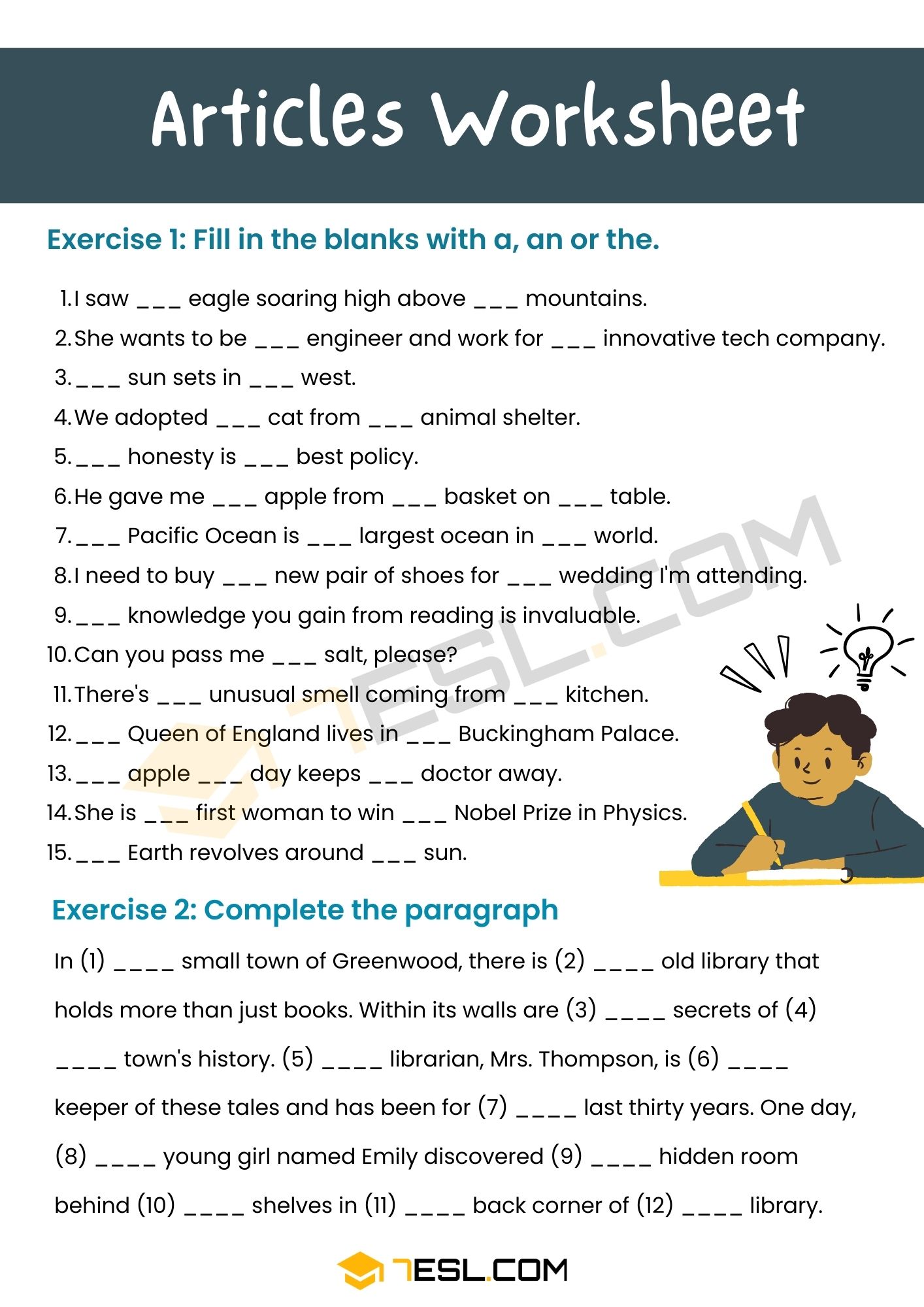 Articles Worksheet - Articles Exercises • 7ESL