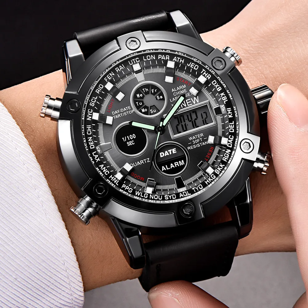 Luxury Dual Movt Men&#39;s Leather Quarz Analog Digital LED Sport Wrist Watch 2019 Clock Male Quartz ...