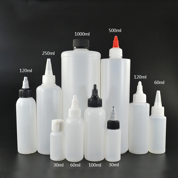1000pcs *60ml Plastic Glue Bottles Black Long Tip Clear Color With Screw Twist White Cap Bottles ...
