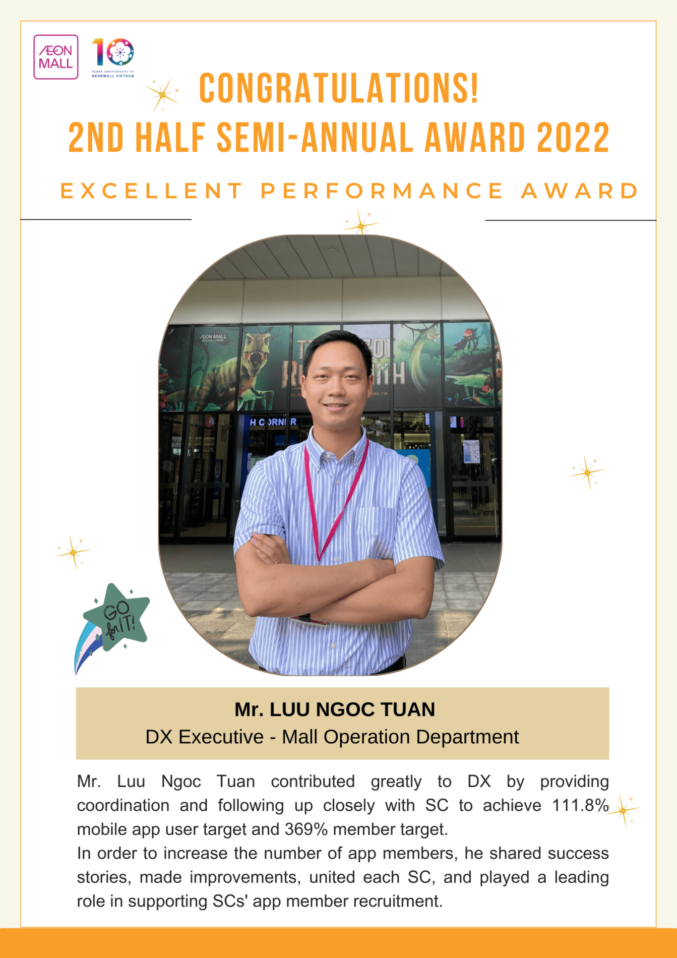 2022 Excellent Performance Award – Luu Ngoc Tuan – AEONMALL Vietnam