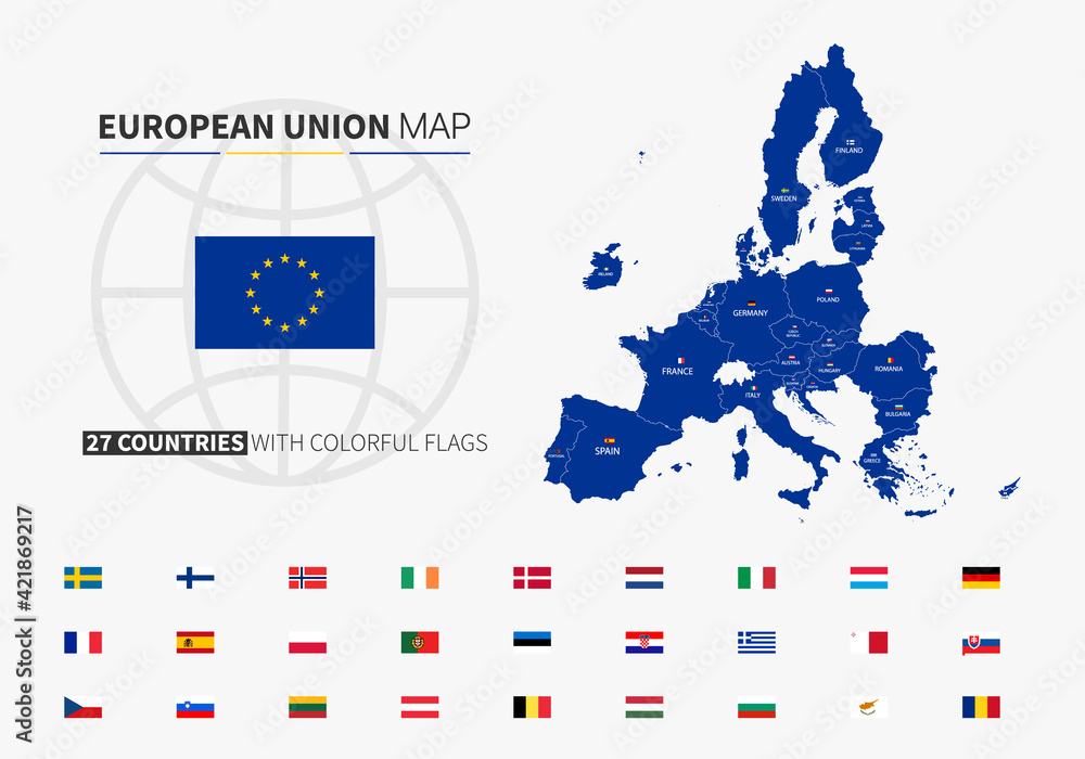 European Union Map. Map Of EU With Countries And Flags. EU Flag. Set Of 27 Flags. Europe ...