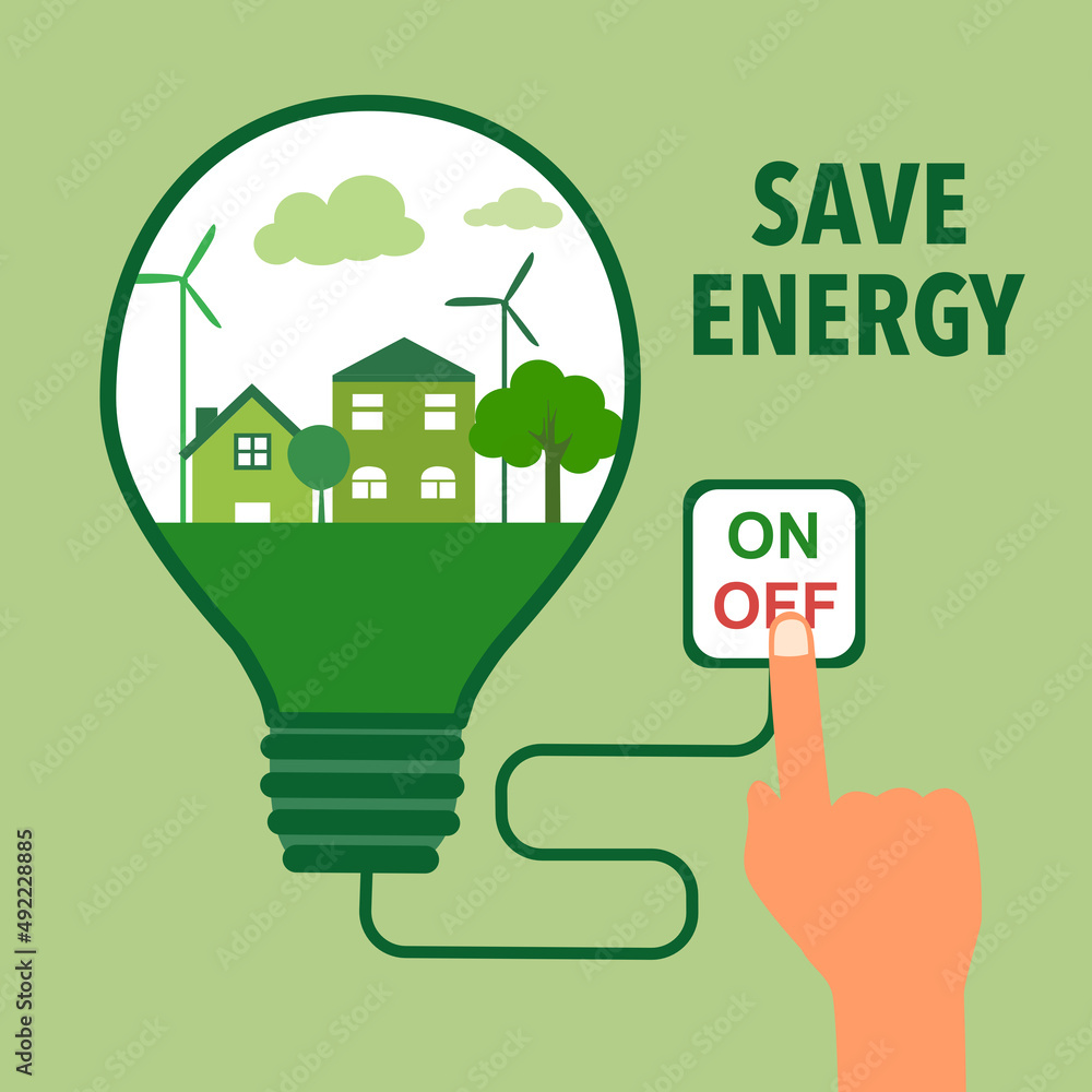 Save Energy Concept Vector Illustration On Green Background. Eco City Inside Lightbulb With Hand...