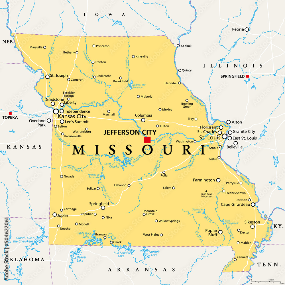 Missouri, MO, Political Map, With Capital Jefferson City, And Largest Cities, Lakes And Rivers...