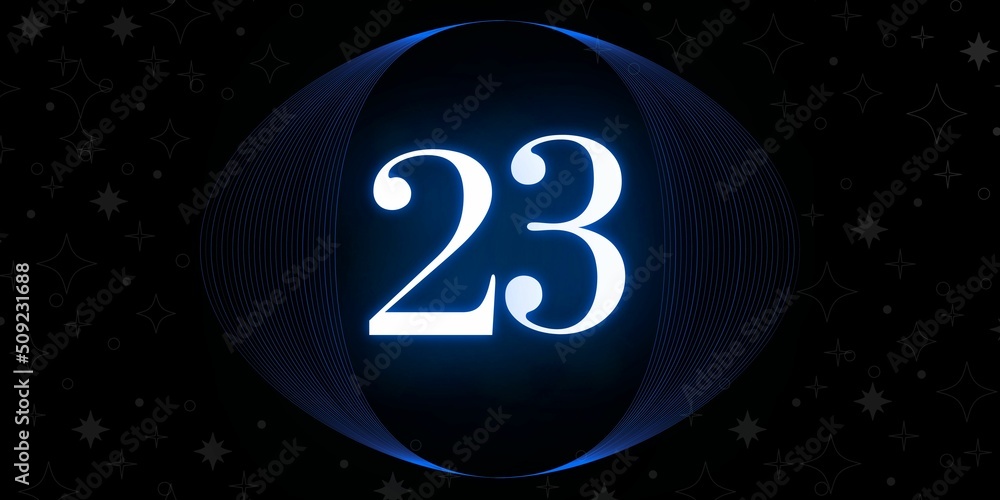 Number 23. Banner with the number twenty three on a black background and white stars with a ...
