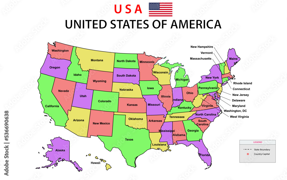USA Map. Political Map Of The United States Of America. US Map With Color Background And All...