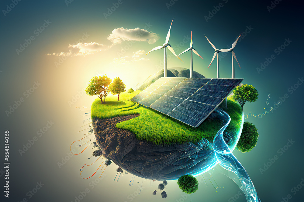 Poster Renewable Energy Background With Green Energy As Wind Turbines And Solar Panels – Wall...