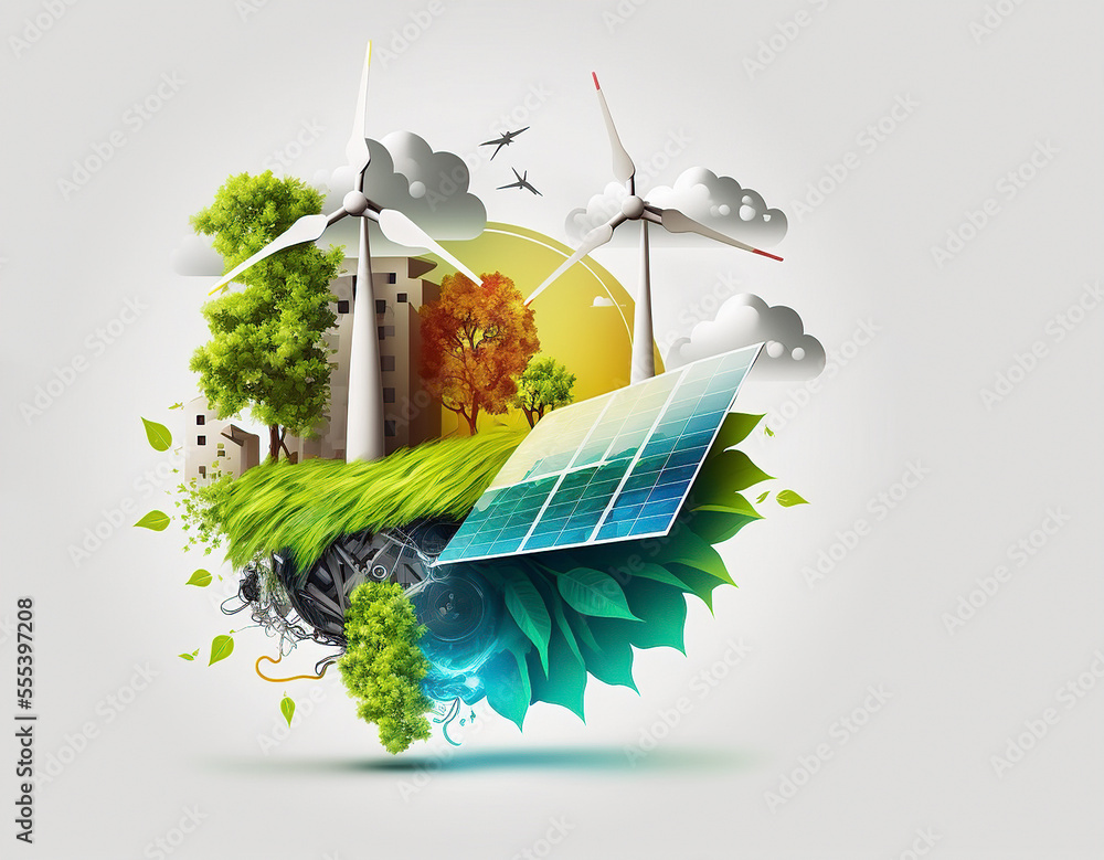 Renewable Energy Background With Green Energy As Wind Turbines And Solar Panels. Generative AI...