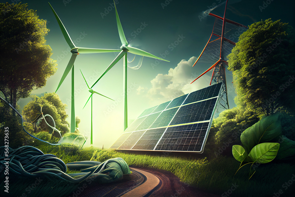 Renewable Energy Background With Green Energy As Wind Turbines And Solar Panels. Generative AI...