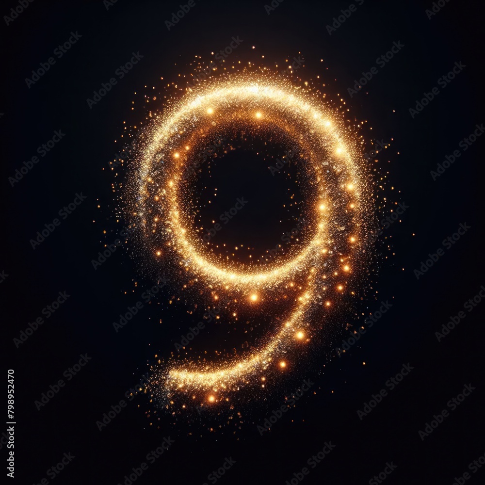 Golden Glowing Number &quot;9&quot; (NINE) Isolated Against A Black Background. Gold Glitter Number Set...