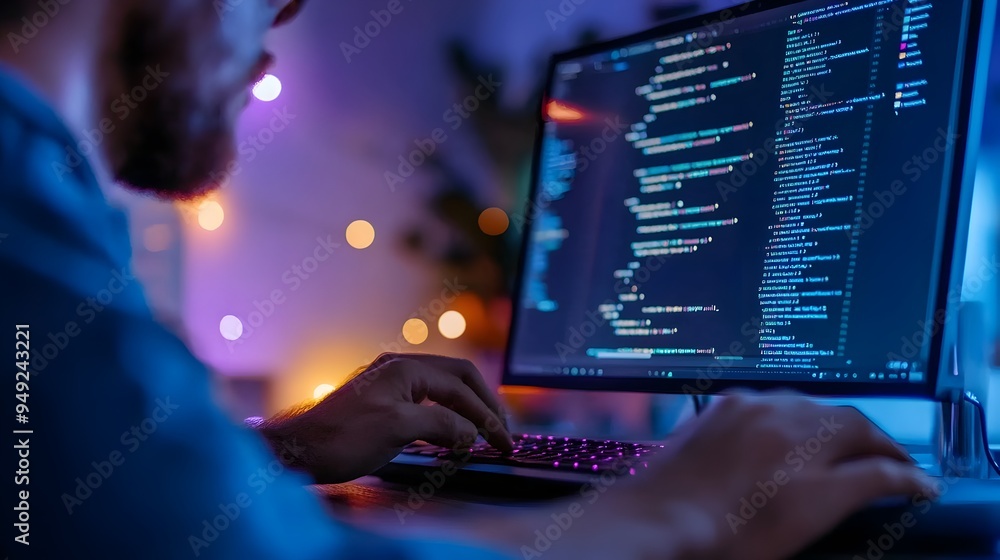 Skilled Software Developer Coding in Modern Minimalist Tech Workspace with Efficient Web ...