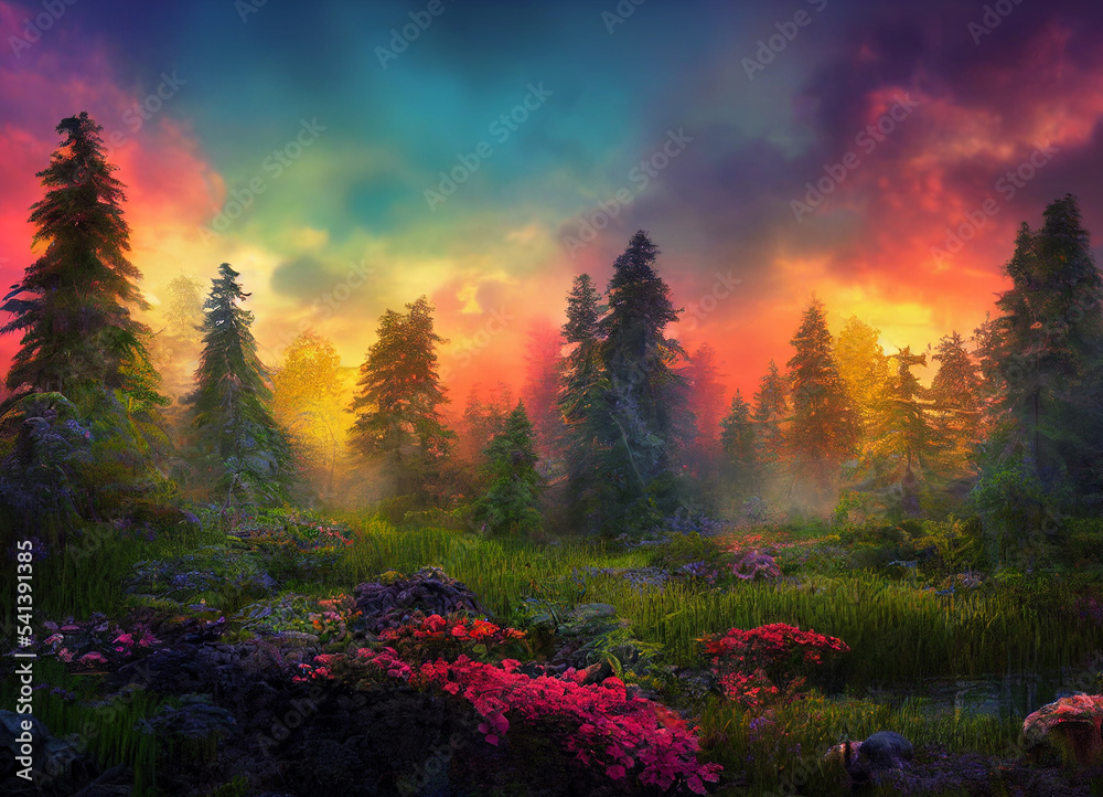 colorful sunset forest scenery with beautiful trees and plants, natural green environment with ...
