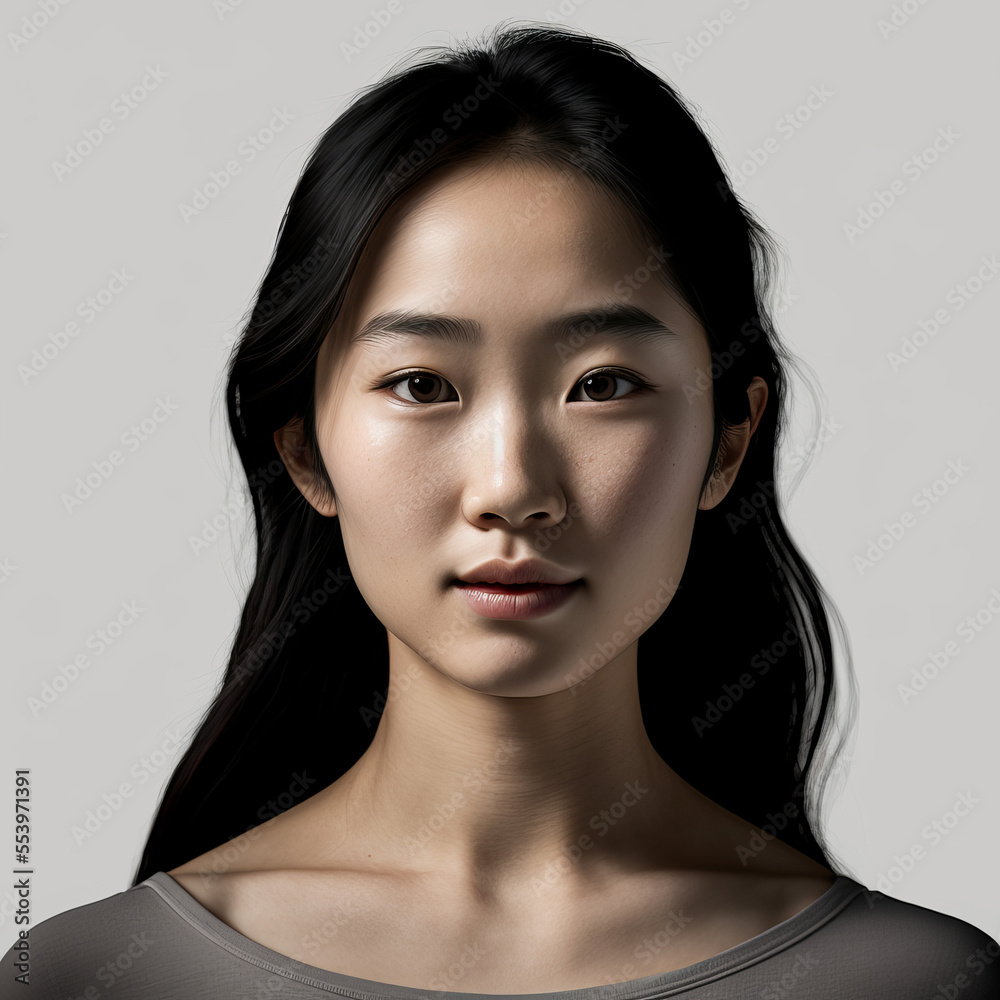 ภาพประกอบสต็อก Close up portrait of a beautiful asian woman against a plain background ...