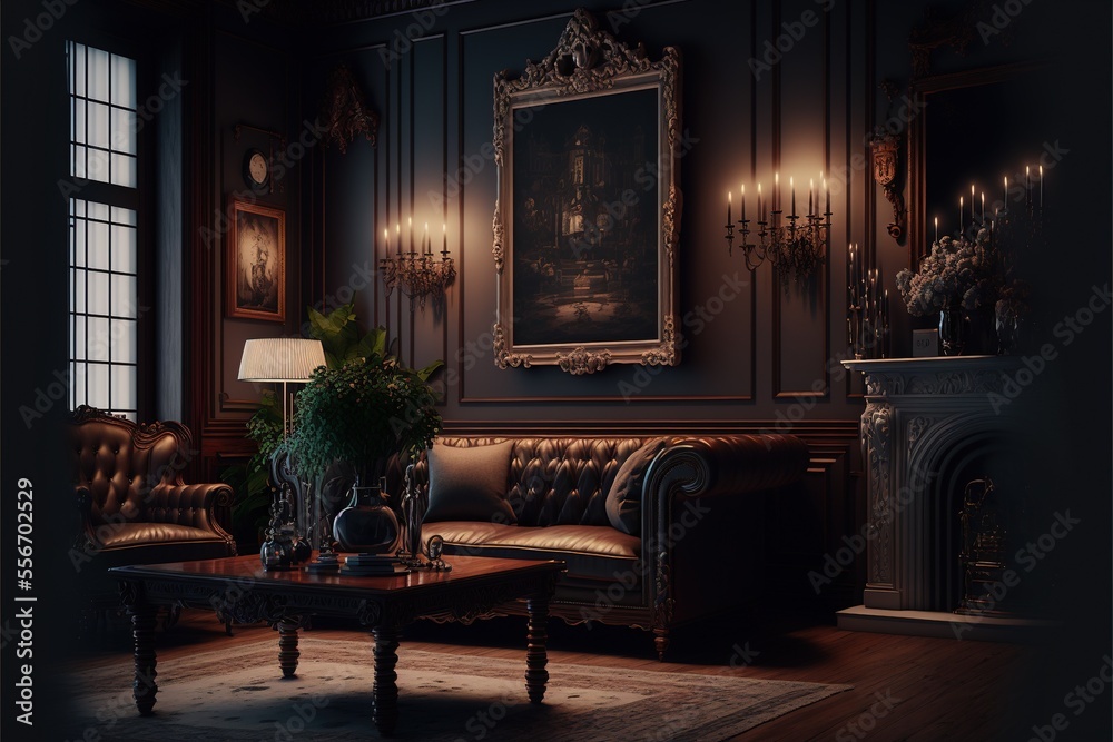 Vintage luxury living room interior design with retro style furniture, wallpaper and accessories ...