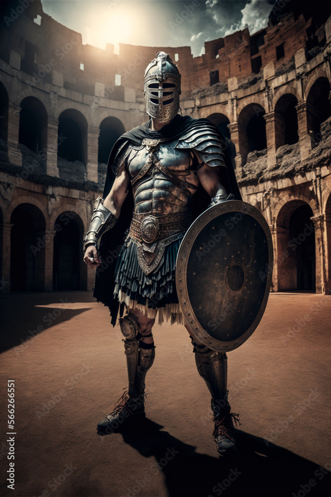 Portrait of an ancient Roman gladiator in armor and a closed helmet in the arena for combat ...
