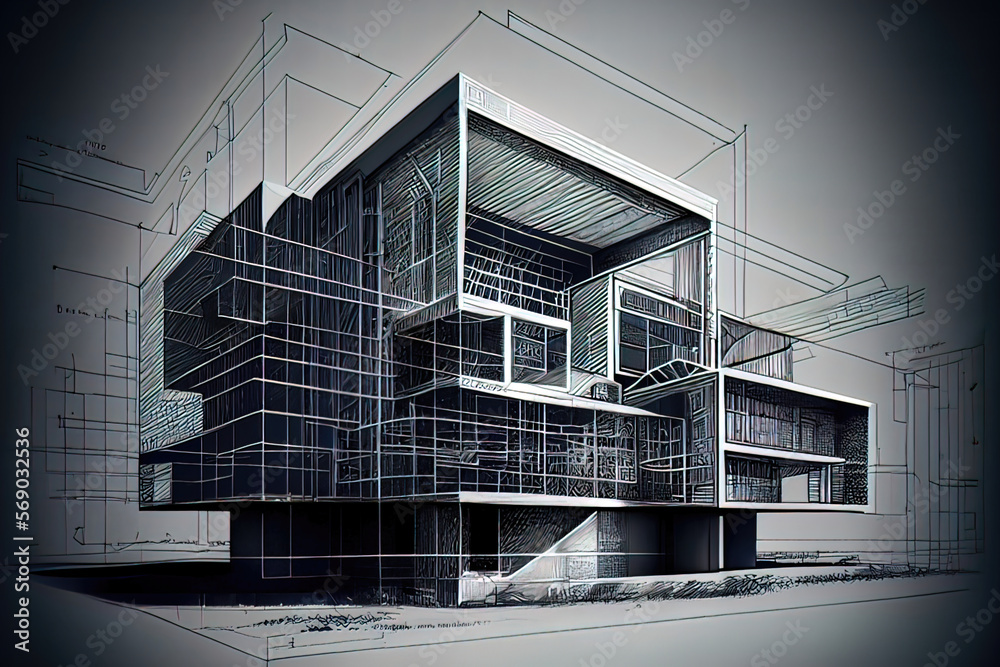 architecture concept art, of modern conventional building with schematic blue print design ...