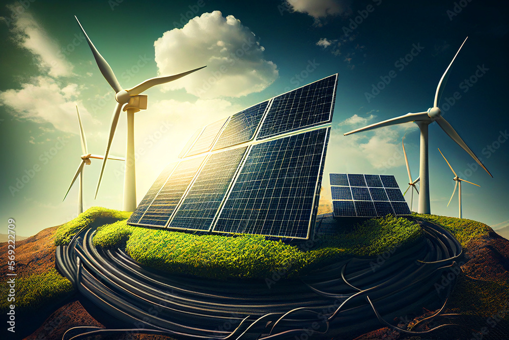 Solar panel and Wind Turbine, green energy. Wind energy, Solar energy from Photovoltaic solar ...