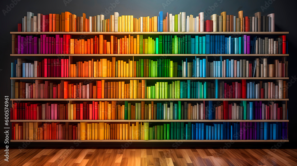 bookshelf with multi-colored books, background consisting of a huge bookshelf lined with colored ...