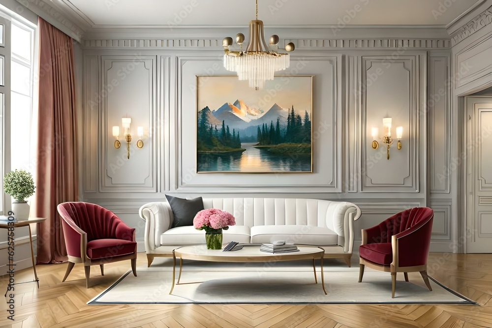 Elegant modern classic luxury living room with brown and white velvet sofa, armchair, marble ...