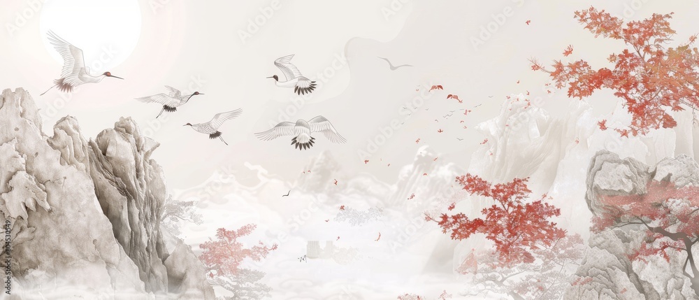 Japanese style background with a hand-drawn line wave. A white landscape banner design with ...