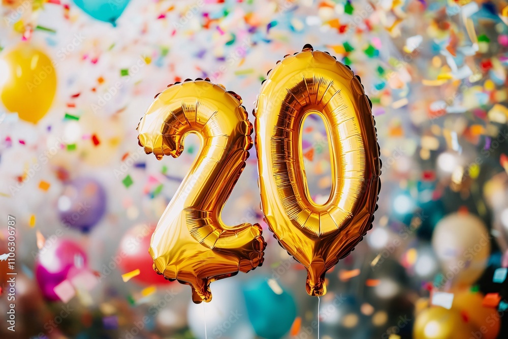 Golden helium balloon number 20, at the center of a colorful party scene with confetti and ...