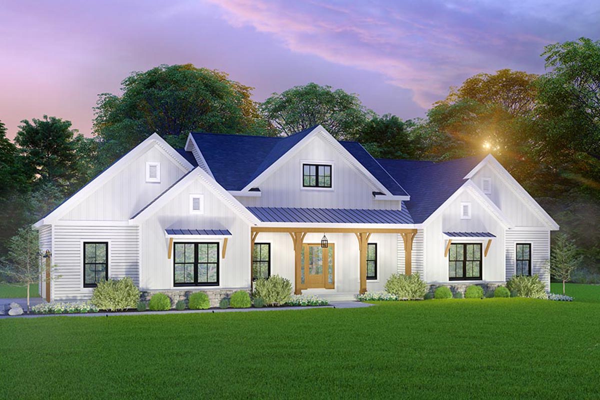 Symmetrical 3-Bed Modern Farmhouse Under 2300 Square Feet with Two Master Bath Layouts ...