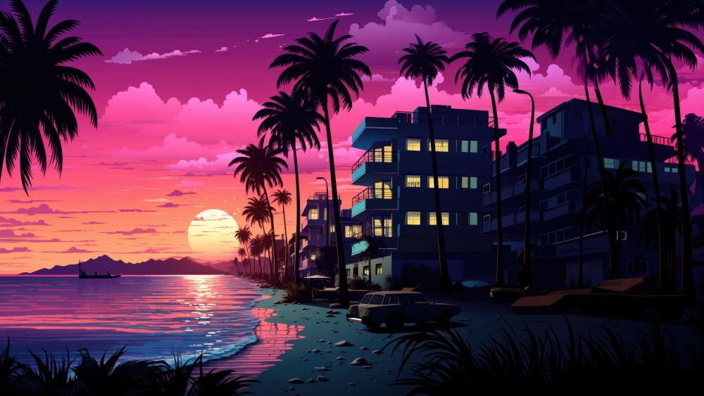 Retro Wave Miami Sunset - Backiee