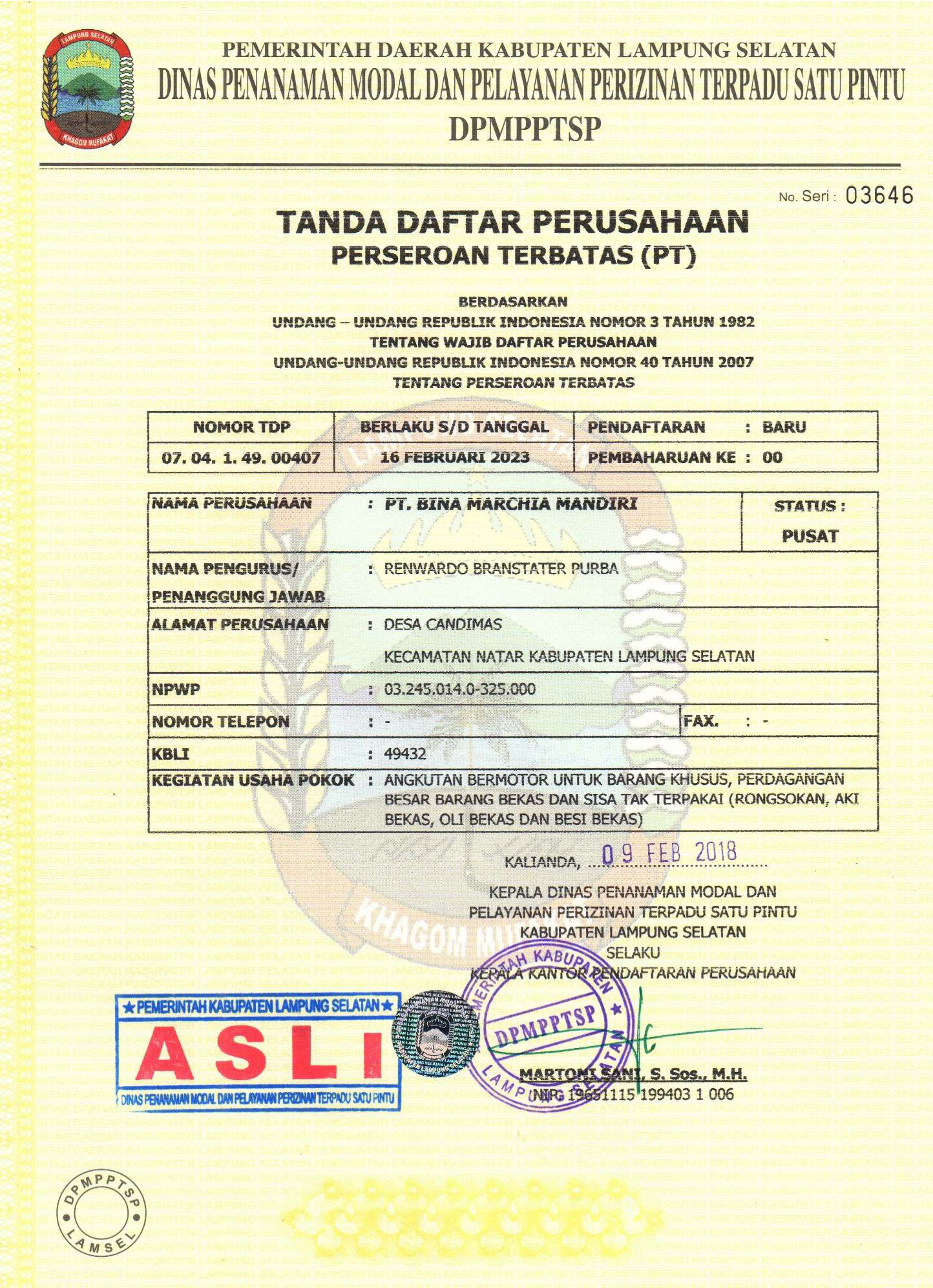 TDP (Tanda Daftar Perusahaan) – PT. Bina Marchia Mandiri