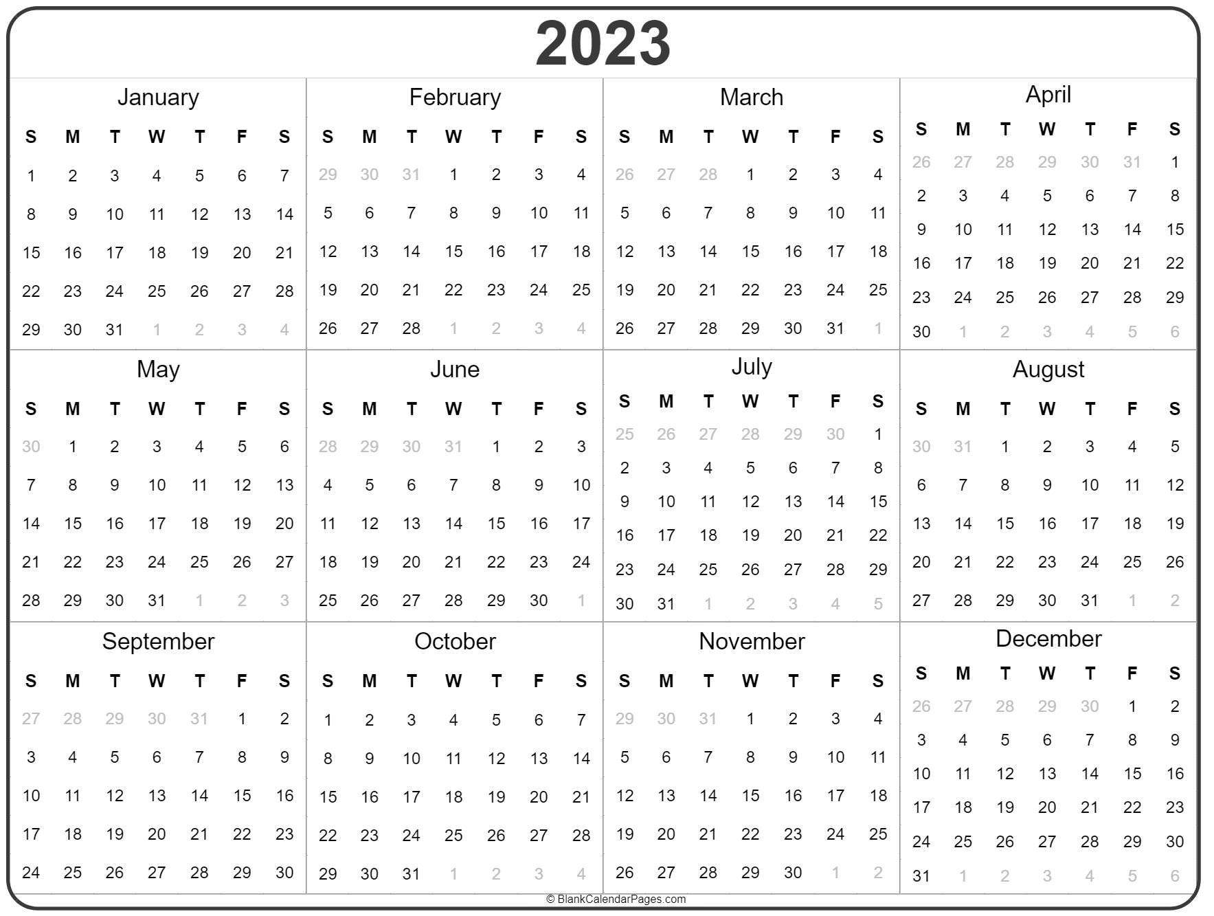 Printable 2023 Yearly Calendar