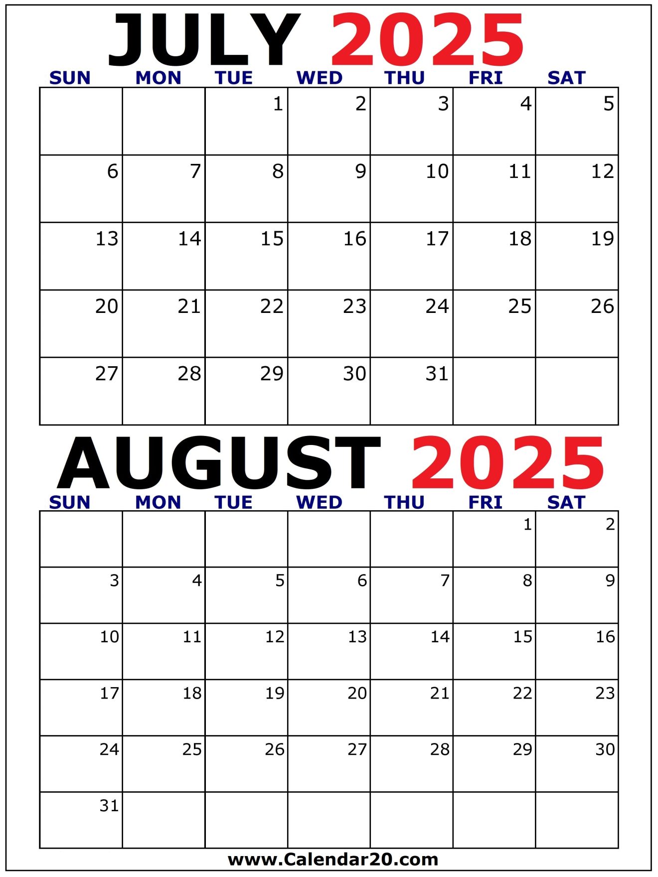 Printable Calendars 2025 July And August