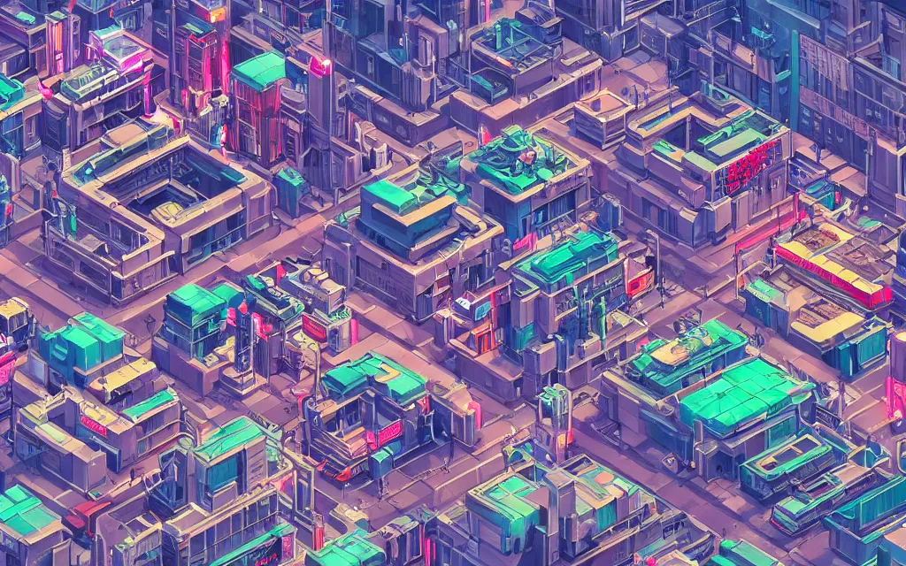 A City Square In A Typical Cyberpunk Town, Isometric| Stable Diffusion