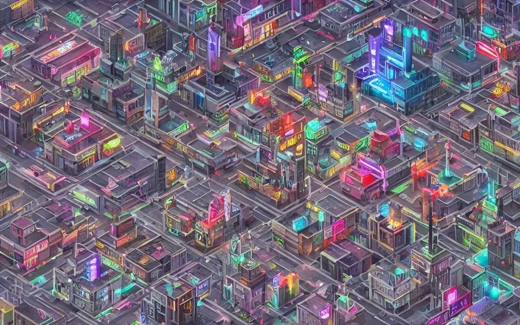 A City Square In A Typical Cyberpunk Town, Isometric| Stable Diffusion