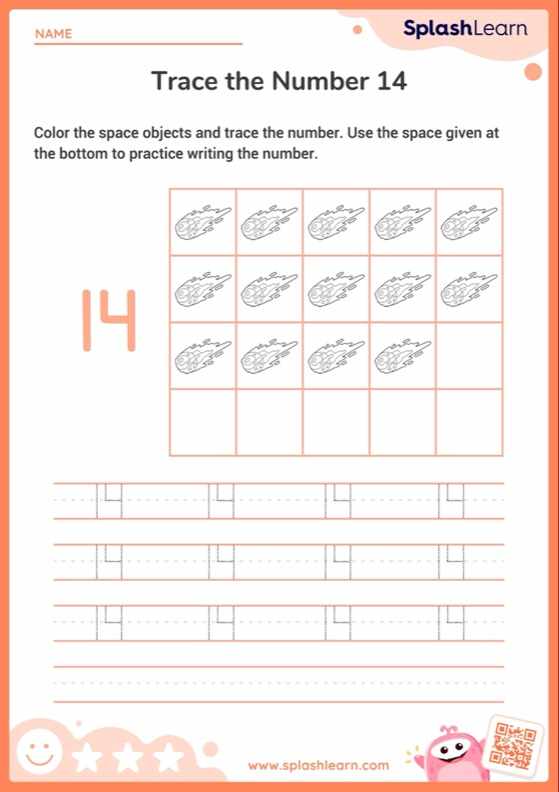 Color The Space Objects And Trace The Number 14 — Printable Math Worksheet