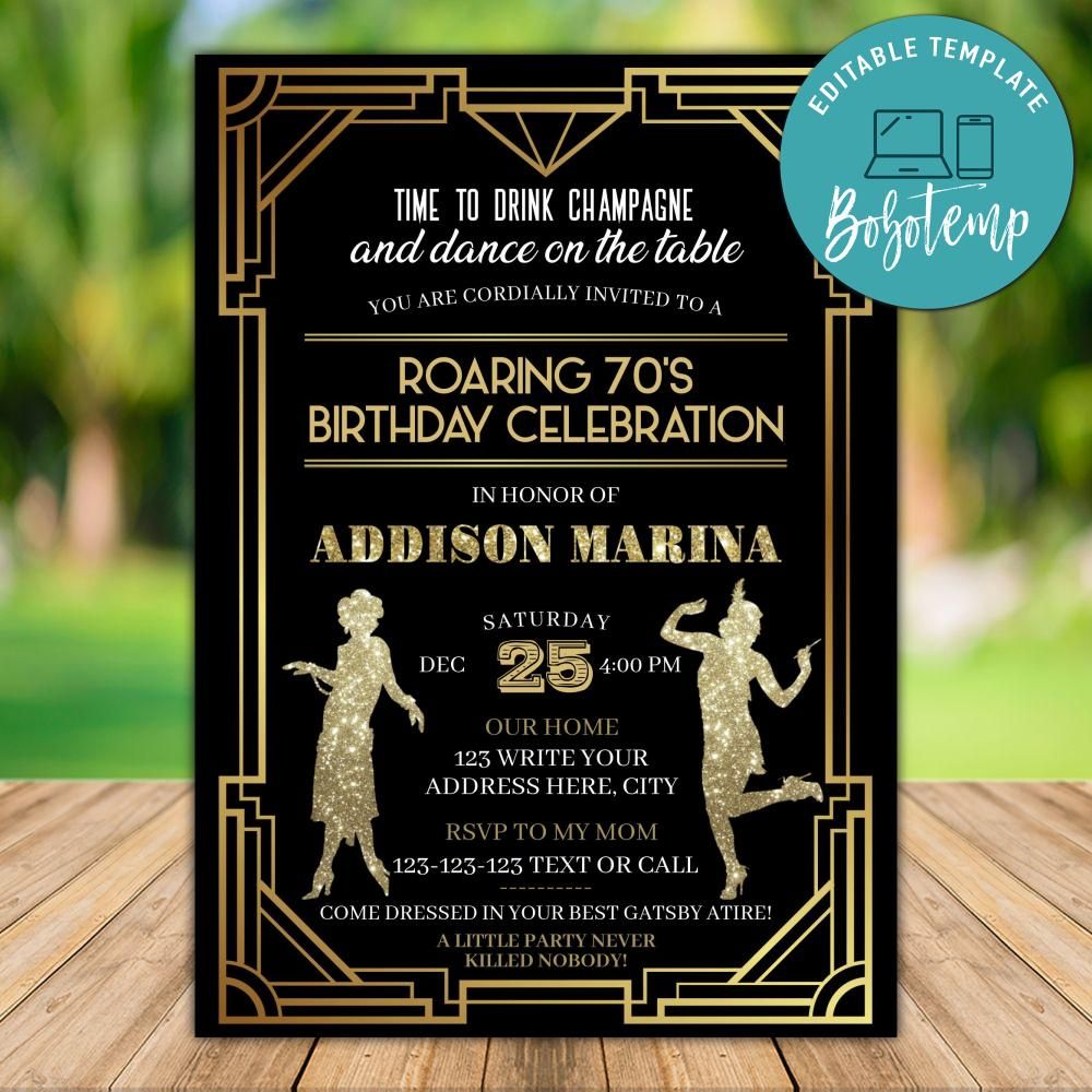Editable Roaring 70&#39;s Birthday Invitation Instant Download| Bobotemp