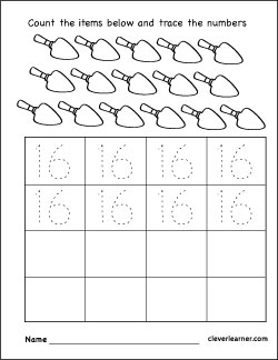 Number 16 Writing, Counting And Identification Printable Worksheets For Children