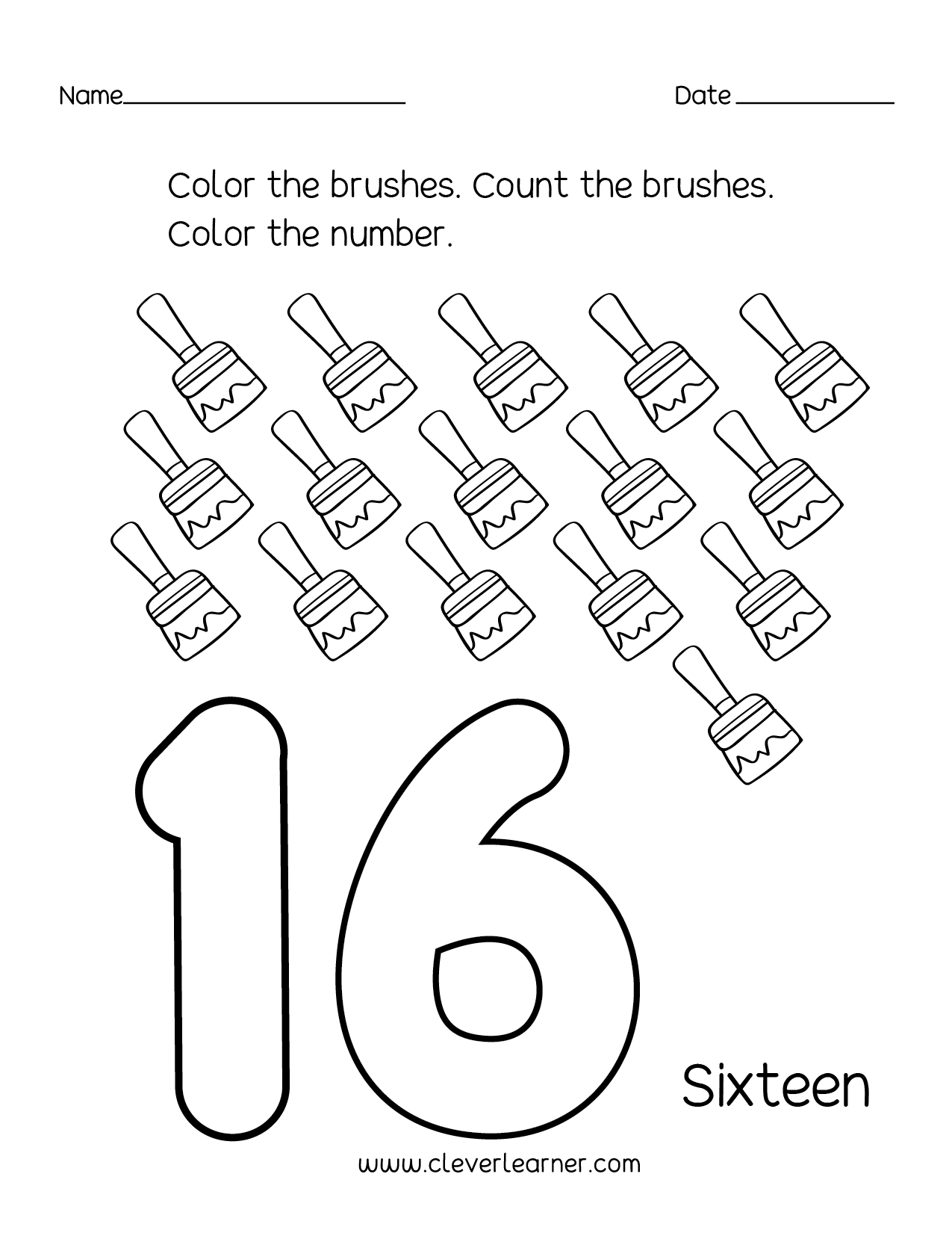 Number 16 Writing, Counting And Identification Printable Worksheets For Children
