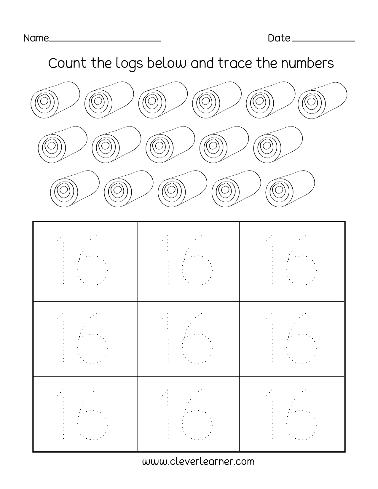 Number 16 Writing, Counting And Identification Printable Worksheets For Children