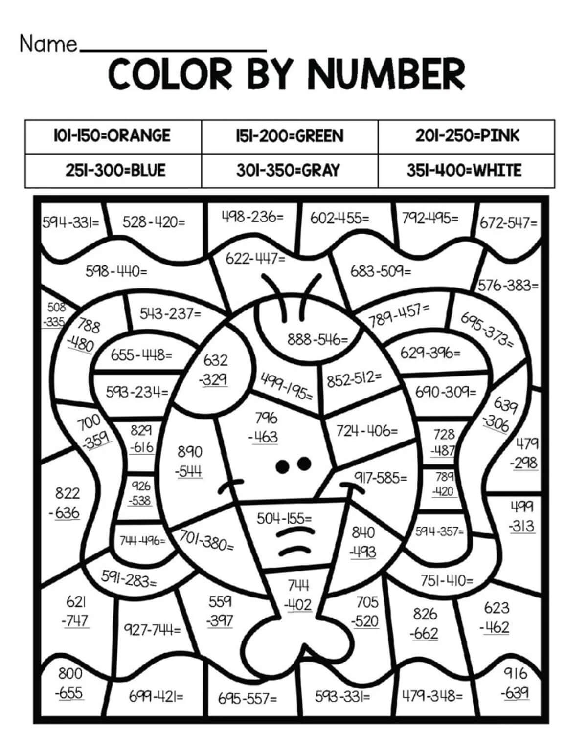 Color By Number Subtraction For 3rd Grade