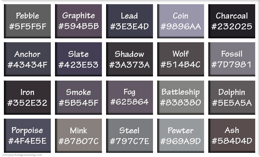 Shades of Gray & Names with HEX, RGB Color Codes