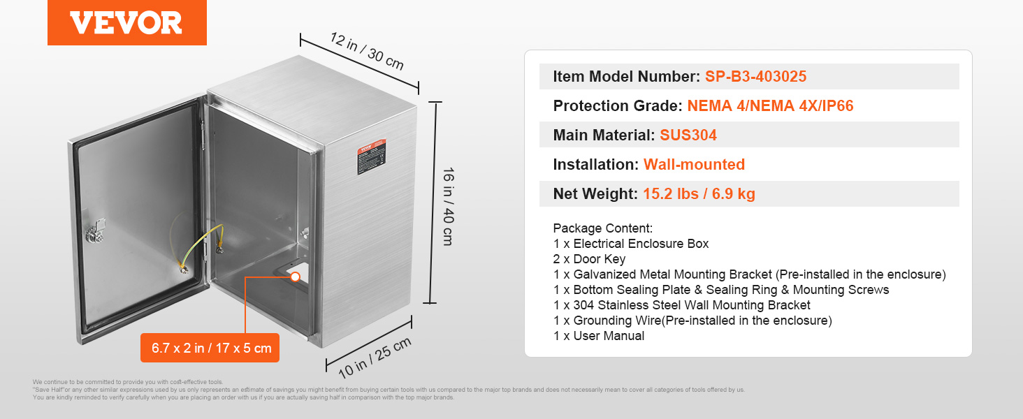 VEVOR Steel Electrical Box, 16&quot;x 12&quot;x 10&quot;, 304 Stainless Steel Electrical Enclosure Box, Wall ...