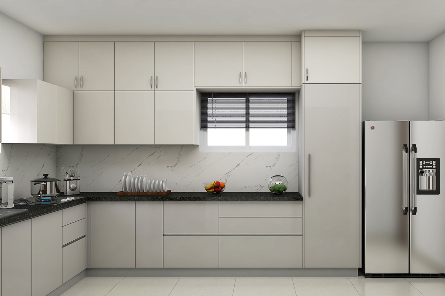 Spacious Kitchen Design With White Storage Units - 12X7 Ft| Livspace