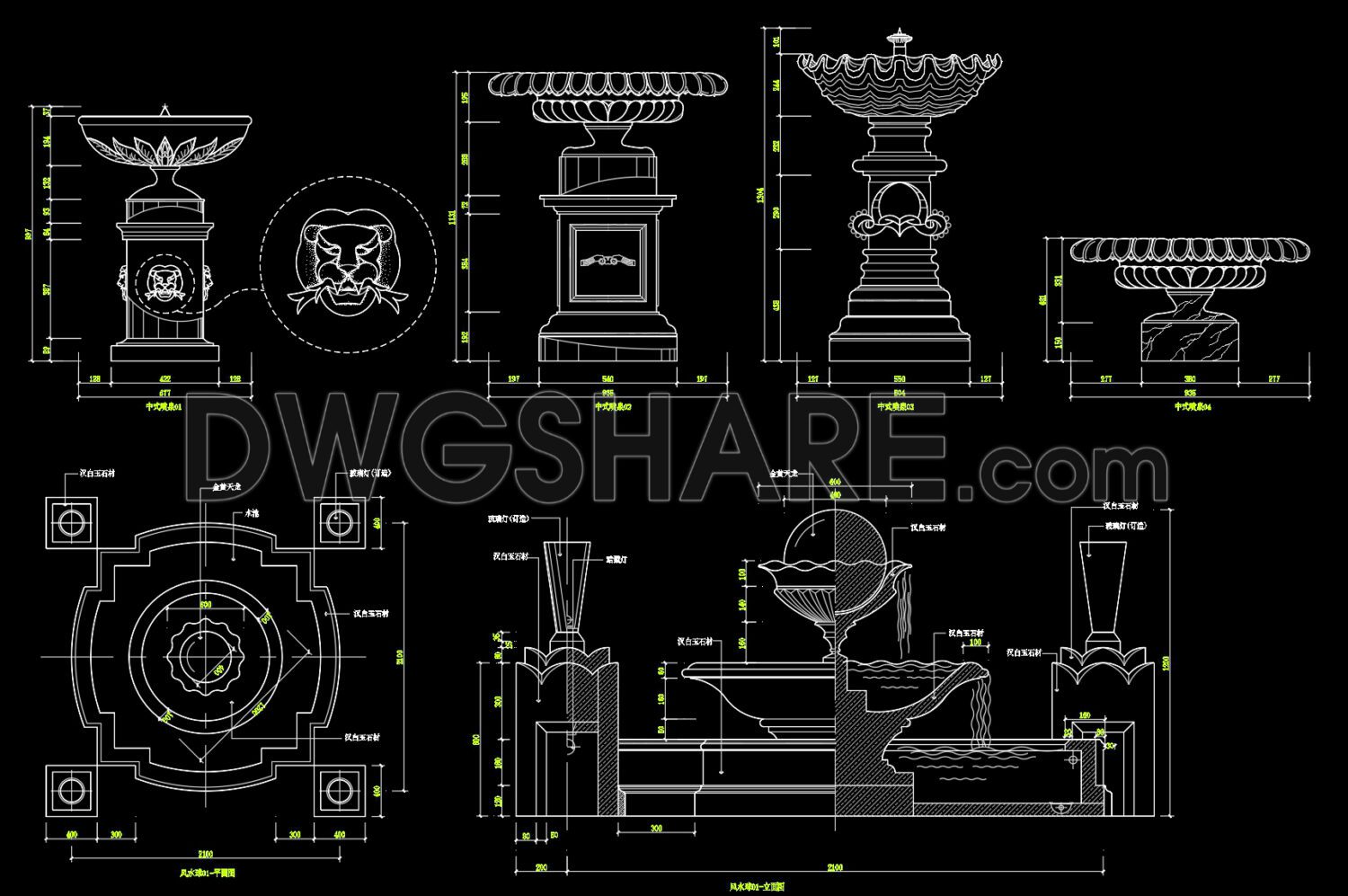 142.Autocad Detailed Drawings Of Various Types Of Water Fountains For Download