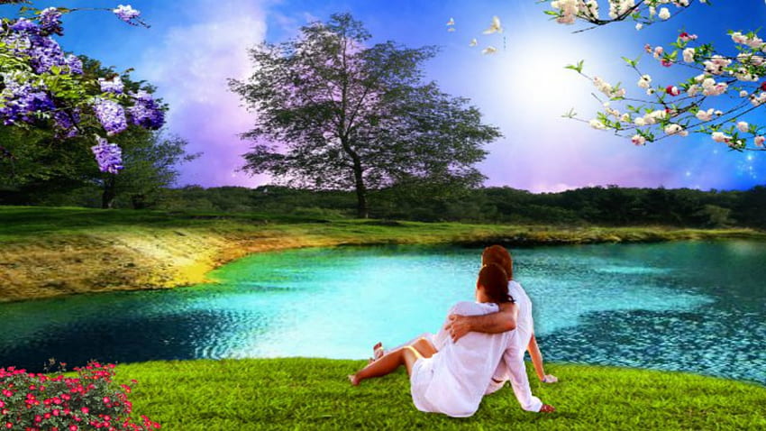 Romance At The Lake ~*~, , romantic couple, love, landscape, nature, romance, lake HD wallpaper ...