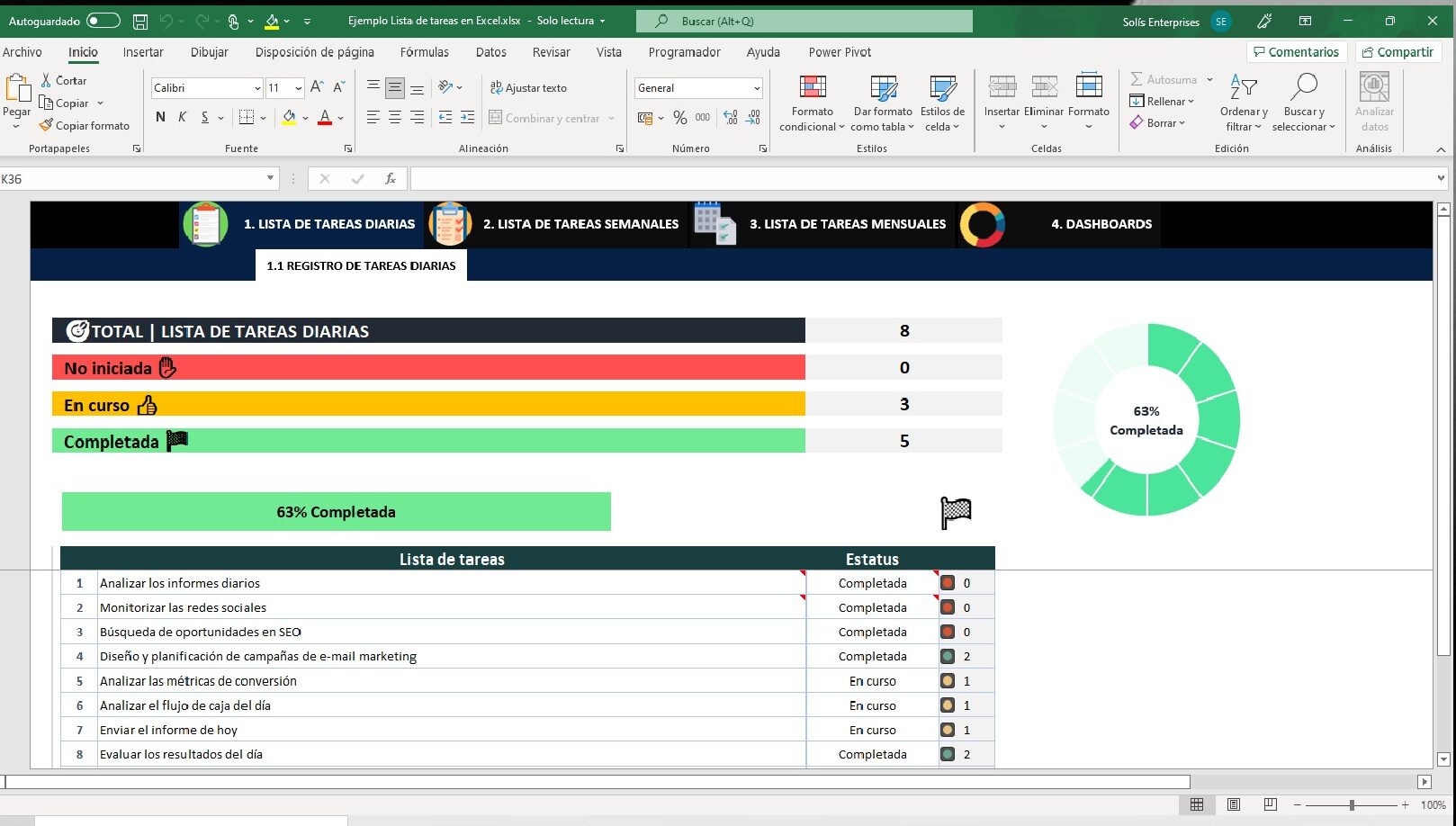 Lista De Tareas En La Plantilla De Excel