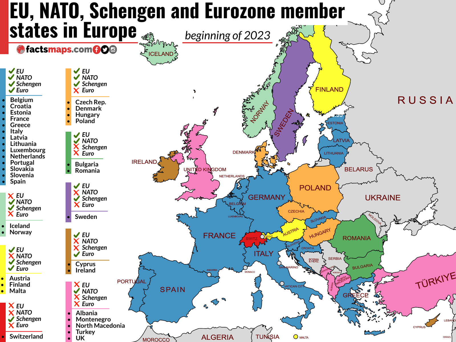 EU, NATO, Schengen And Eurozone Member States In Europe - Beginning Of 2023 - FactsMaps