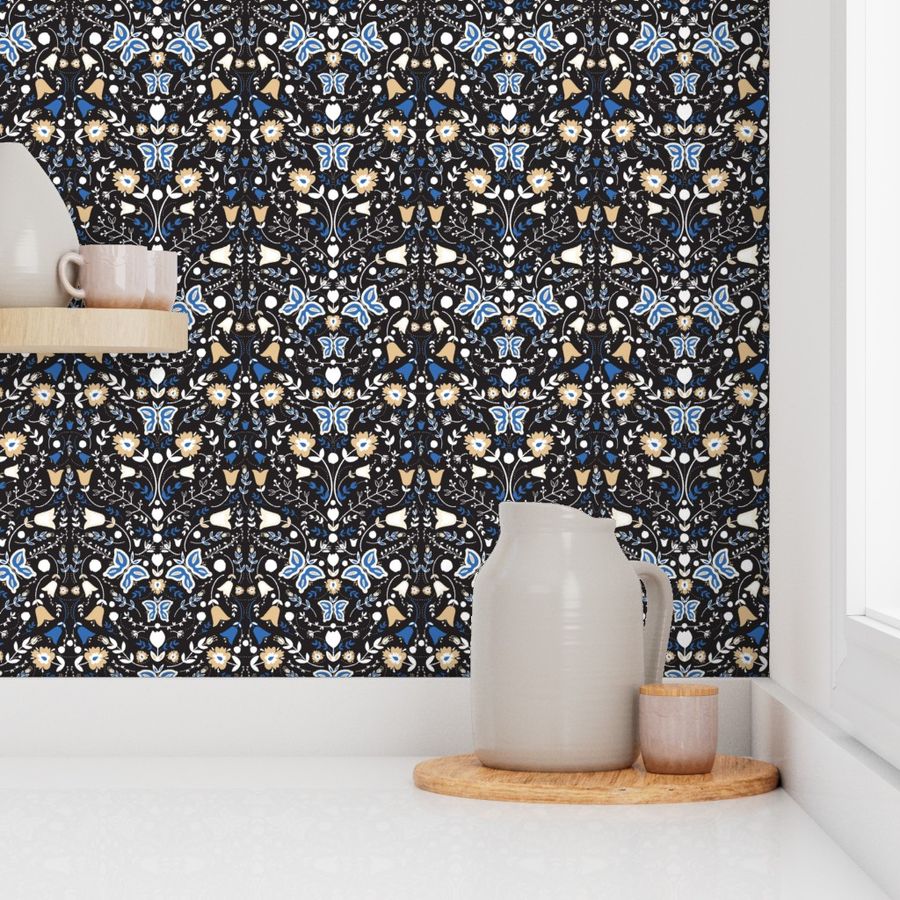 Folk Garden Floral Butterflies Royal Wallpaper | Spoonflower