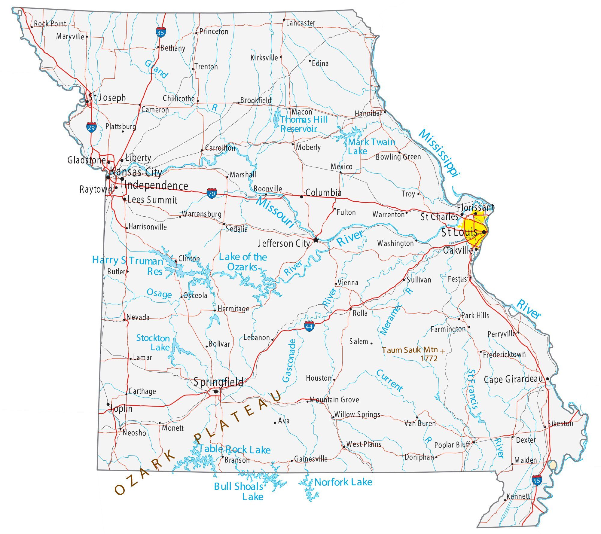 Missouri State Map - Places And Landmarks - GIS Geography