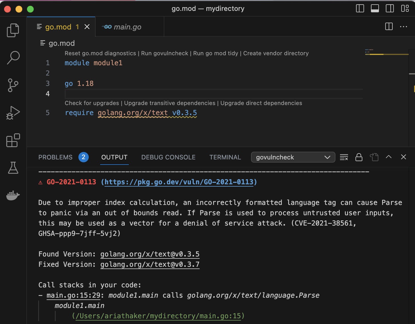 Tutorial: Find And Fix Vulnerable Dependencies With VS Code Go - The Go Programming Language